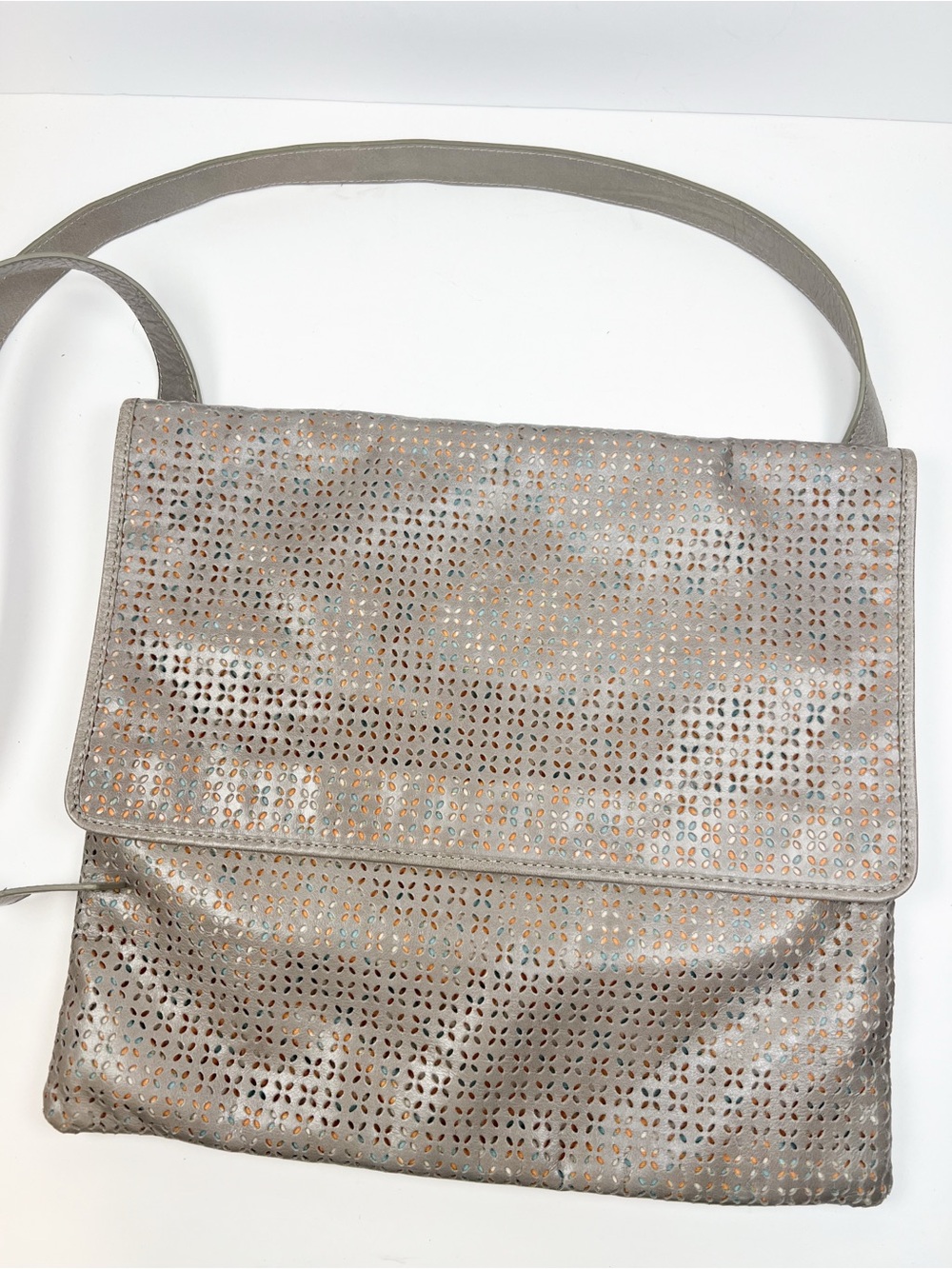 HOBO Original Alexa Lasercut Gray Leather Foldover Crossbody Bag
